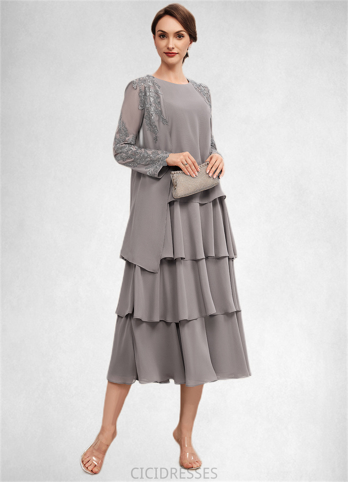 Susan A-Line Scoop Neck Tea-Length Chiffon Mother of the Bride Dress With Cascading Ruffles CIC8126P0014603