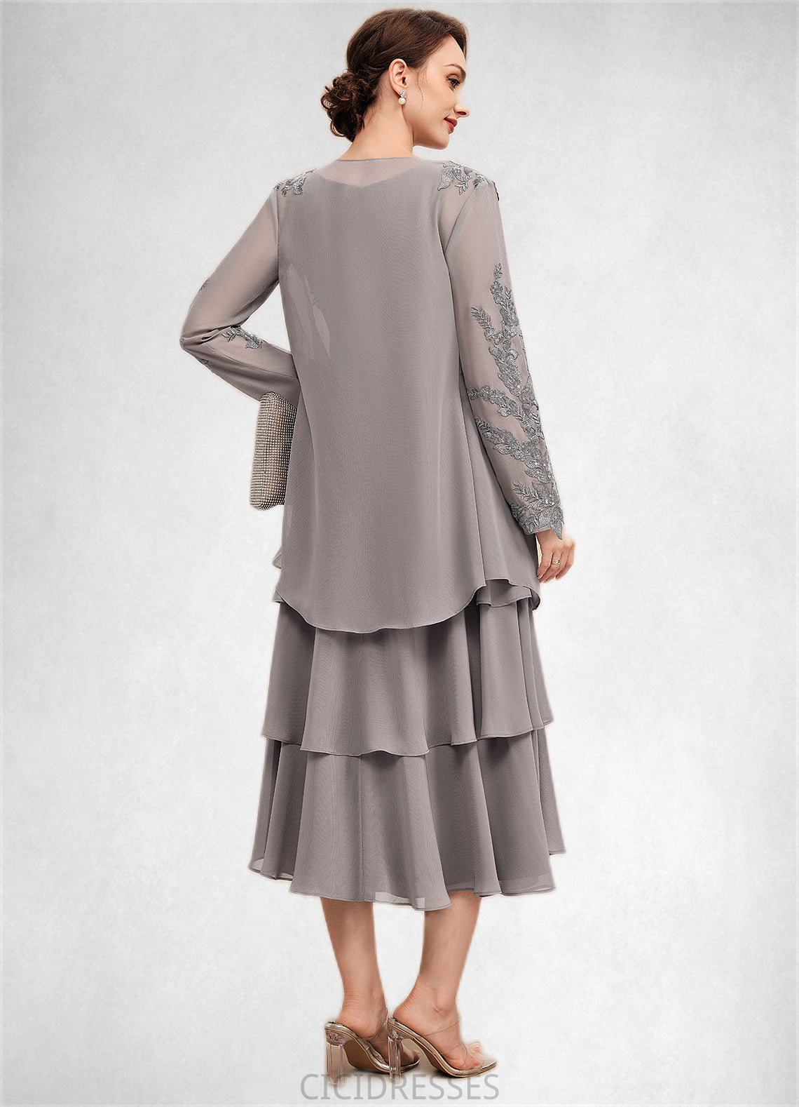 Susan A-Line Scoop Neck Tea-Length Chiffon Mother of the Bride Dress With Cascading Ruffles CIC8126P0014603