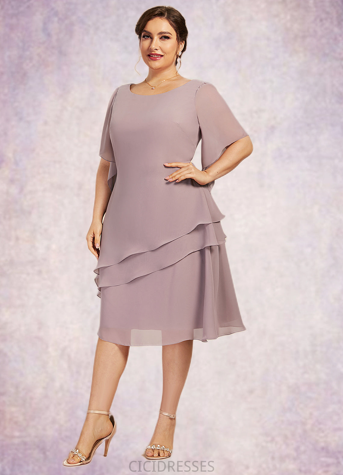 Aurora A-Line Scoop Neck Knee-Length Chiffon Mother of the Bride Dress With Cascading Ruffles CIC8126P0014755