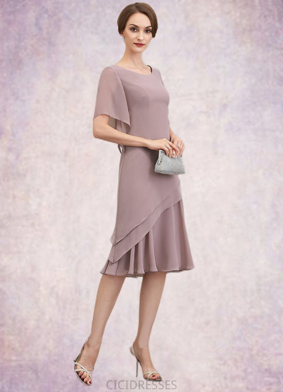 Aurora A-Line Scoop Neck Knee-Length Chiffon Mother of the Bride Dress With Cascading Ruffles CIC8126P0014755