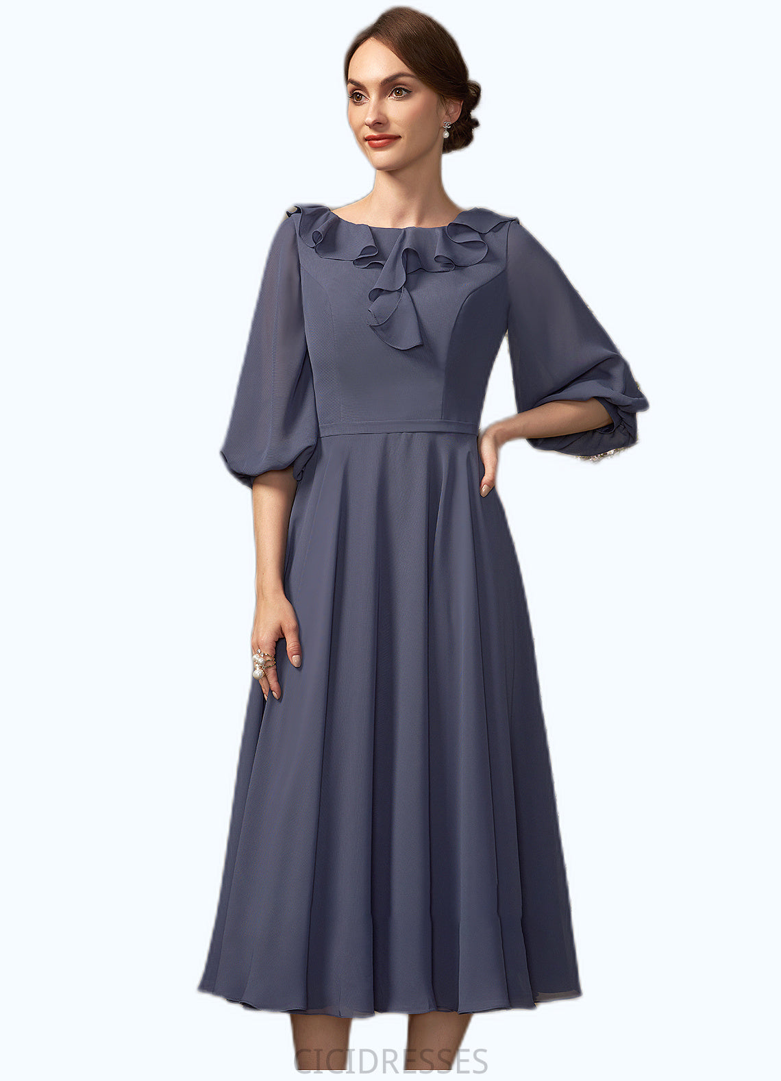 Blanche A-Line Scoop Neck Tea-Length Chiffon Mother of the Bride Dress With Cascading Ruffles CIC8126P0014920