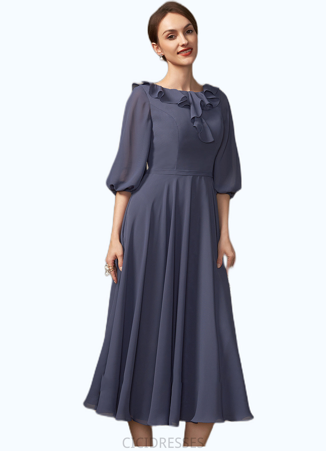 Blanche A-Line Scoop Neck Tea-Length Chiffon Mother of the Bride Dress With Cascading Ruffles CIC8126P0014920