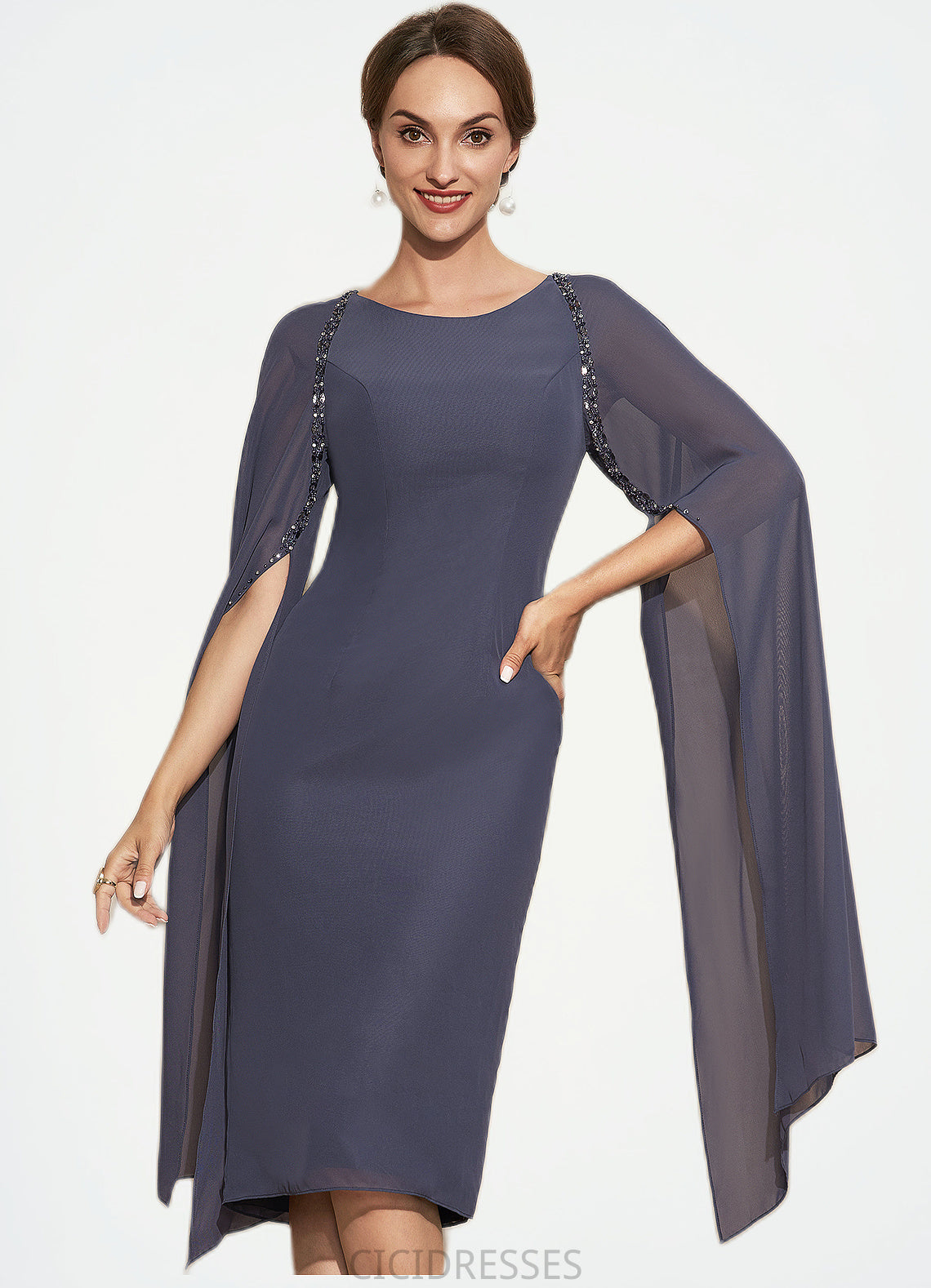 Lily Sheath/Column Scoop Neck Knee-Length Chiffon Mother of the Bride Dress With Beading CIC8126P0014969