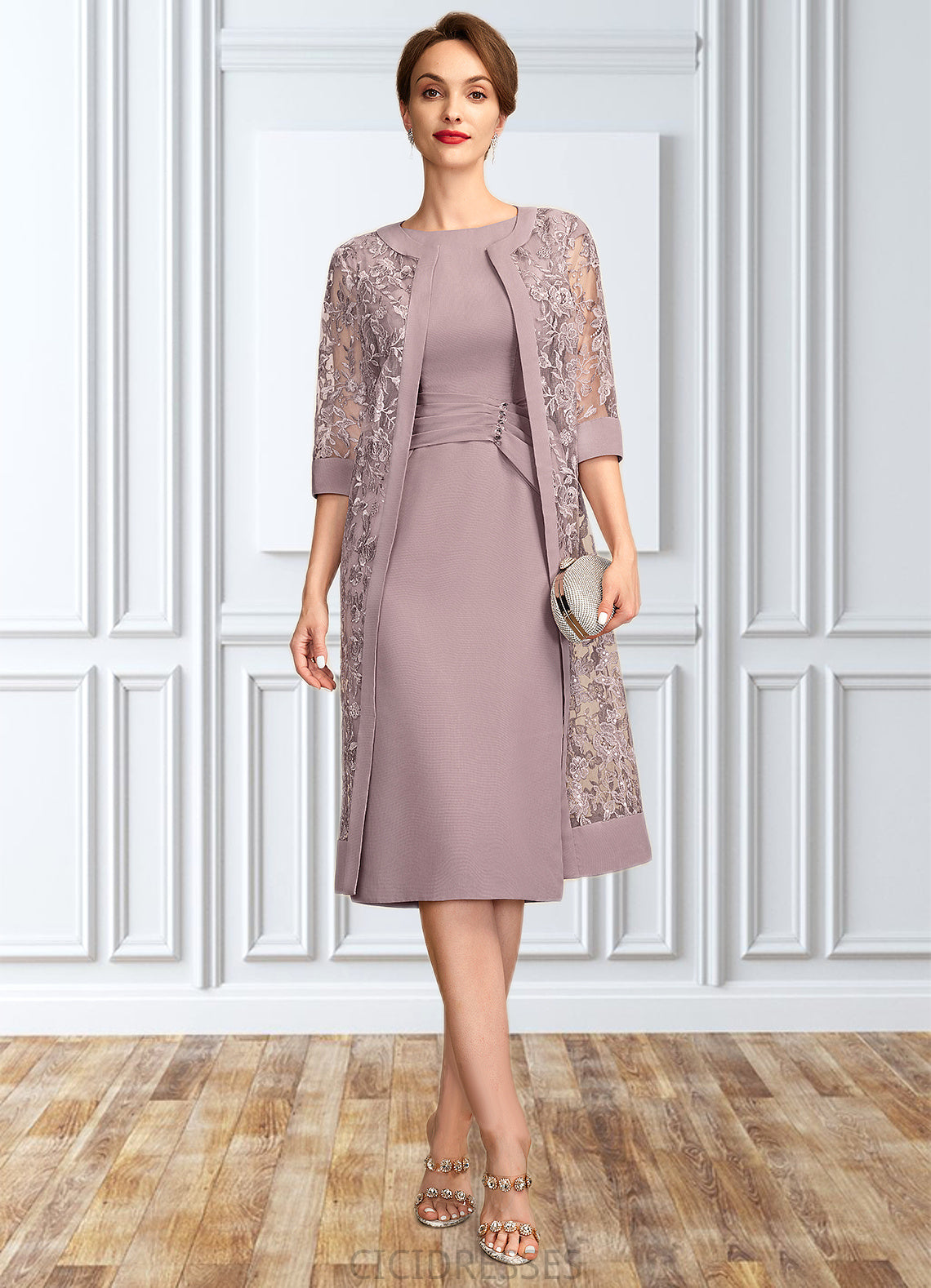 Jamie Sheath/Column Scoop Neck Knee-Length Chiffon Mother of the Bride Dress With Ruffle Sequins CIC8126P0015023