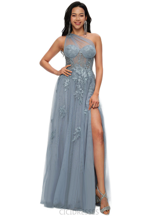 Lindsey A-line One Shoulder Floor-Length Tulle Prom Dresses With Appliques Lace Sequins CIC8P0022200
