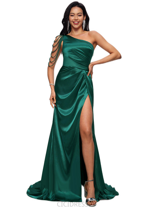 Danika Trumpet/Mermaid One Shoulder Sweep Train Stretch Satin Prom Dresses With Beading CIC8P0022205
