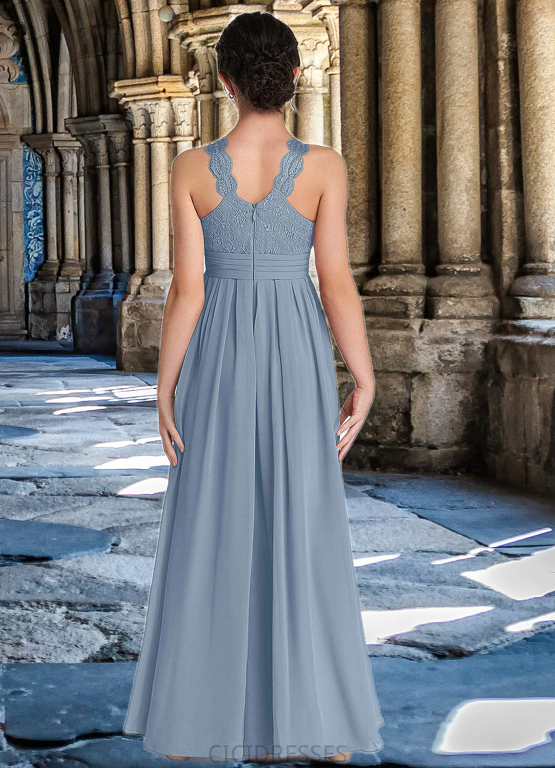 Delilah A-Line Lace Chiffon Floor-Length Junior Bridesmaid Dress dusty blue CIC8P0022871