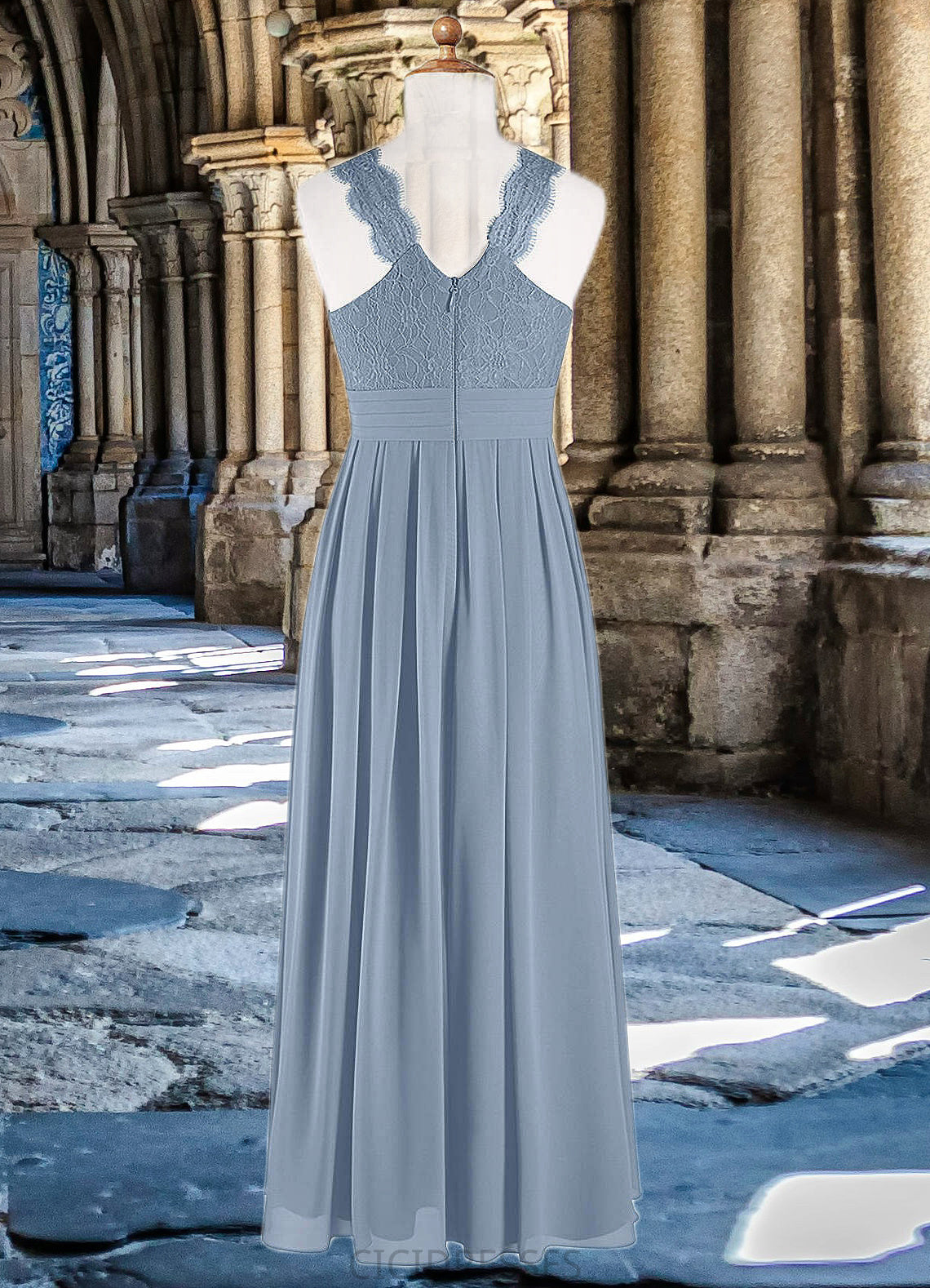 Delilah A-Line Lace Chiffon Floor-Length Junior Bridesmaid Dress dusty blue CIC8P0022871