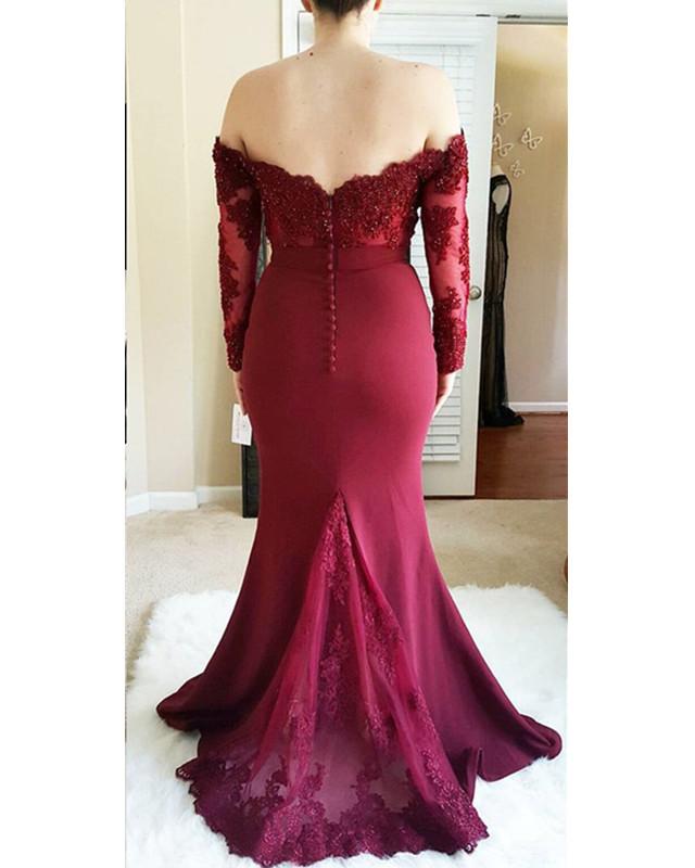 Sexy Mermaid Burgundy Off Shoulder Long Sleeves Prom Dresses
