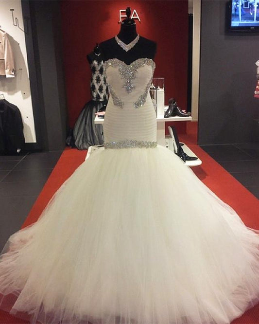 New Designer Ivory Sweetheart Tulle Beaded Long Mermaid Wedding Dresses