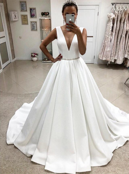 2024 A Line Elegant Deep V Neck White Satin Long Wedding Dresses