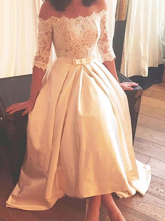2024 A Line Elegant Ivory Tea Length Lace Long Sleeves Off Shoulder Short Wedding Dresses