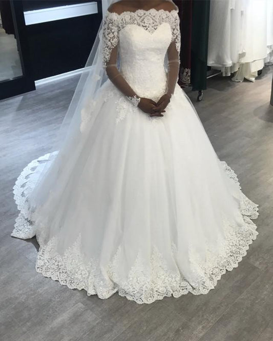 2024 A Line Elegant Lace Long Sleeves Off Shoulder Long Lace Up Back Wedding Dresses