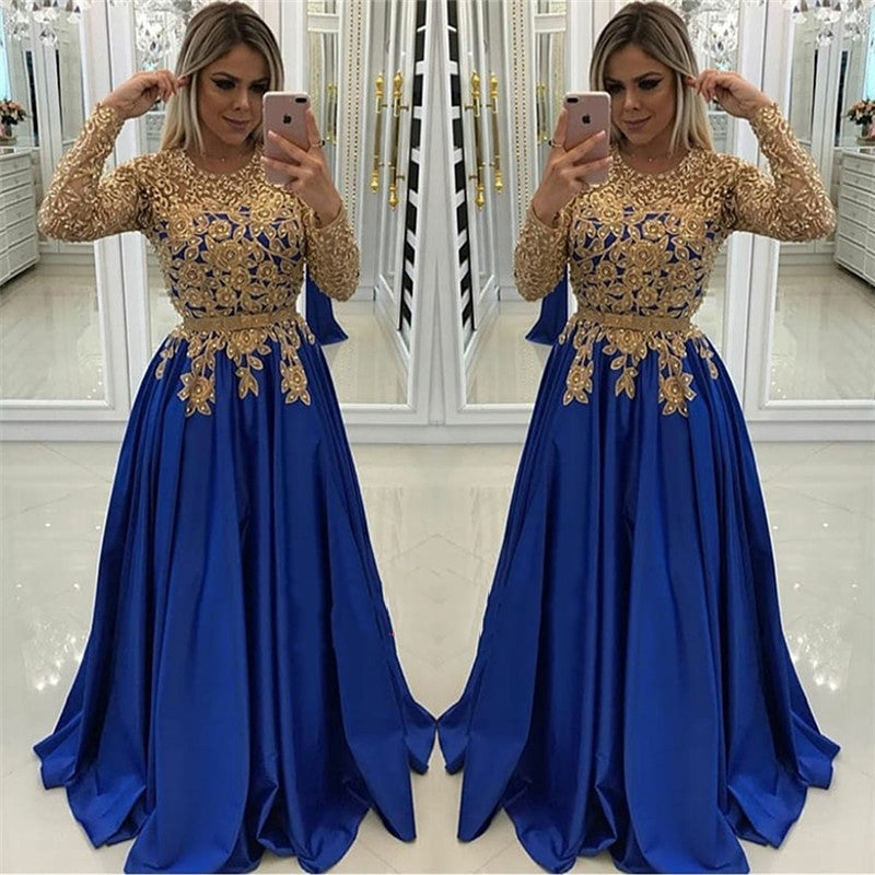 New Arrival A Line Satin Royal Blue and Gold Appliques Long Sleeves Prom Dresses 2024