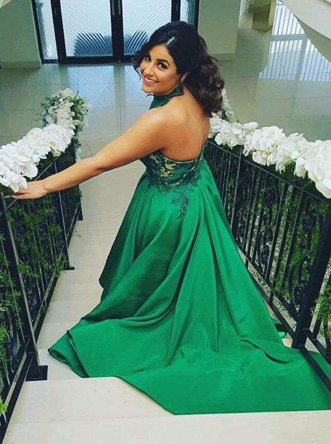 2024 New Arrival A Line Emerald Halter Backless Long Lace Plus Size Prom Dresses