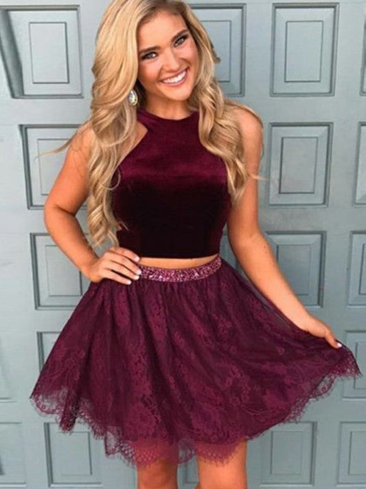 Two Pieces Burgundy A Line Halter Sleeveless Lace Flowers Beading Homecoming Dresses