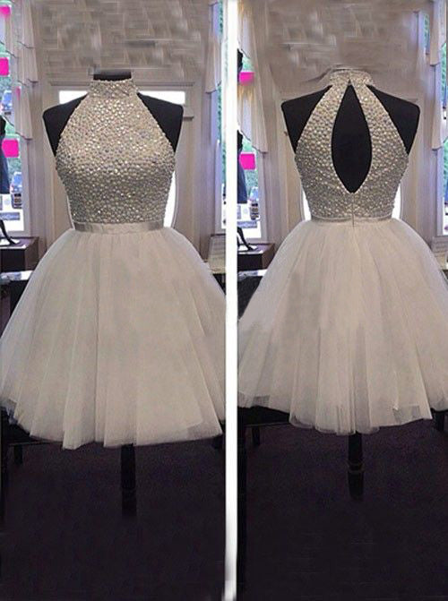 Tulle Sleeveless Halter Backless Cut Out Pleated A Line White Beading Homecoming Dresses