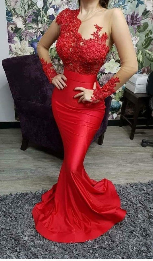 2024 Sexy Mermaid Prom Dresses Red Long Sleeves Appliques Satin