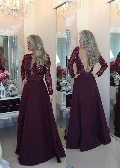 Burgundy Prom Dresses Long Floor length A-Line V-Neck Lace Spliced Satin