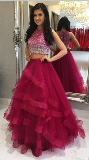 Princess/A-Line Tulle Two Pieces Ruffles Burgundy Prom Dresses