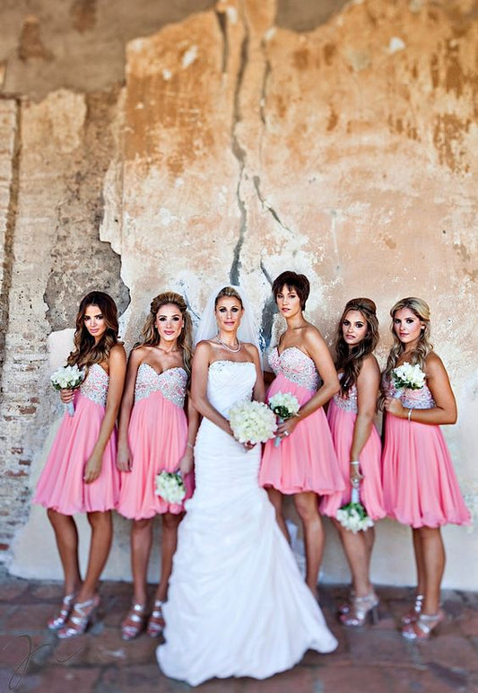 2024 Cheap A Line Pink Sweetheart Chiffon Short Bridesmaid Dresses / Gowns