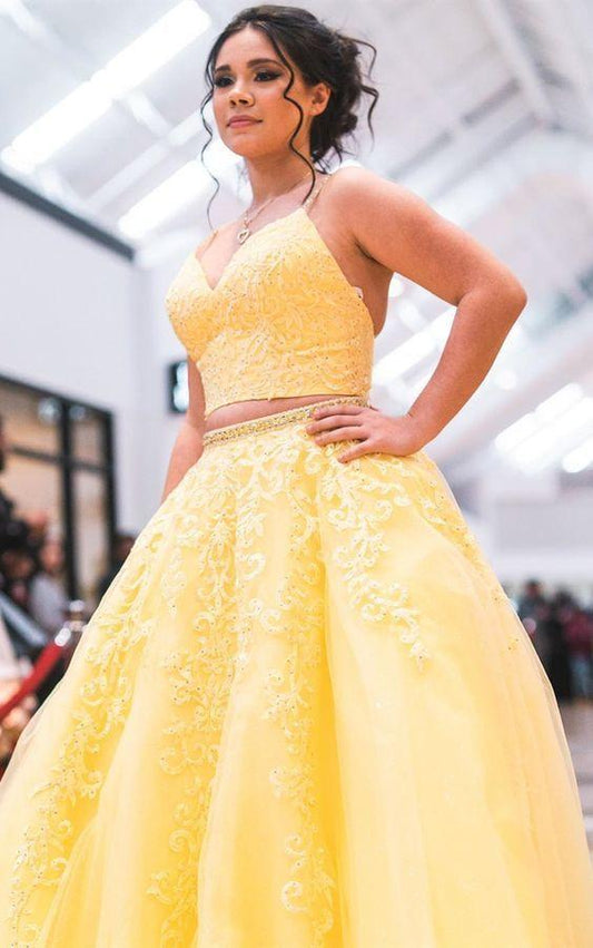 two piece prom dresses, yellow long prom dresses CD11523