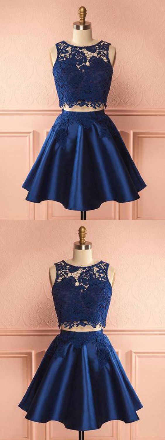 Navy Chic Dark Navy Homecoming Dress Satin Two Pieces Homecoming Dress Party Dress CD120
