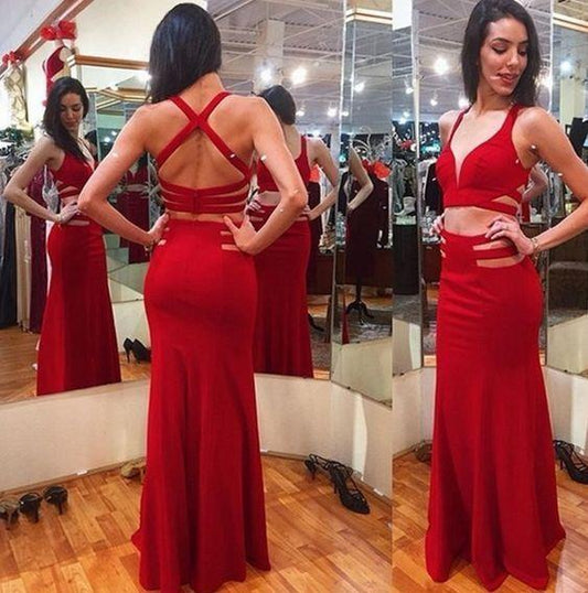 Two Piece Prom Dress, Red Prom Dresses, Long Evening Dress CD12660