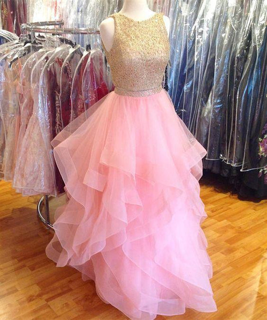 pink prom dress, two piece prom dress, ruffles dress, ball gowns dress, prom dresses CD12945