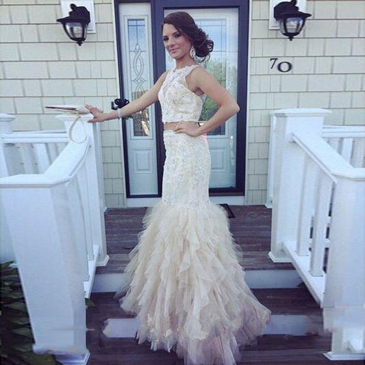2 Pieces Prom Dresses O Neck Sleeveless Sexy Sequin Appliques Beaded Mermaid Party Evening Gown