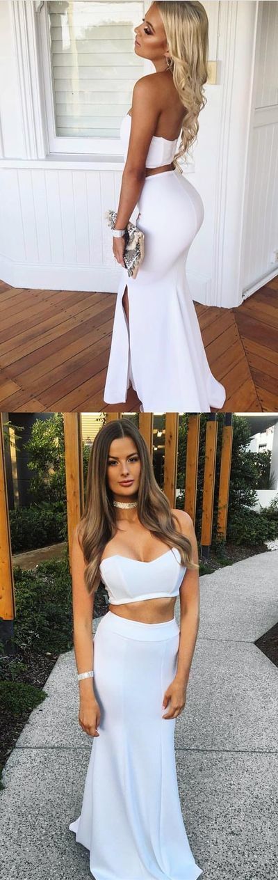 Sexy Two Piece Strapless White Mermaid Long Prom Dress Side Split Evening Party Dress CD13881