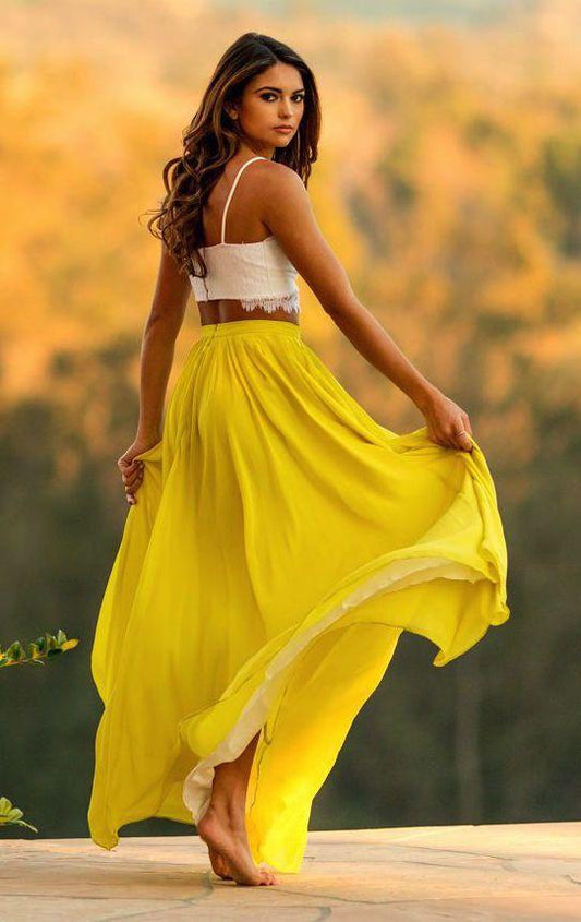2 Piece Yellow Chiffon Sweetheart Lace Prom Dresses Long Evening Dresses
