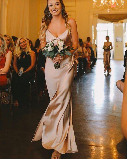 Simple Spaghetti Straps Champagne Prom Dress with Slit CD14988
