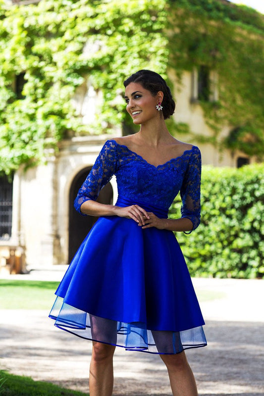 2024 A Line Homecoming Dresses V Neck 3/4 Length Sleeves With Applique Tulle & Satin CD1502