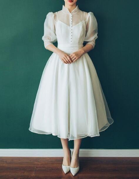 Vintage A-Line Bubble Sleeve Tea Length Wedding Dresses Prom Dress, Evening Dress CD15271
