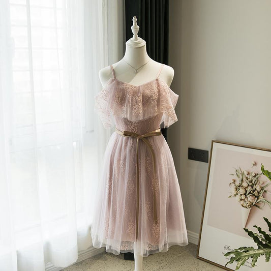 Short Party Dress Homecoming Dress Pink Lace Straps Short Bridesmaid Dress CD16502