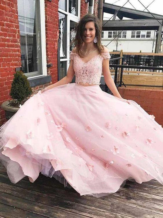 A-Line 3D Flower Junior Prom Dresses Lace Two Piece Prom Gown CD16965