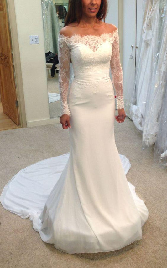 Mermaid Wedding Dress Lace Long Sleeves Off Shoulder Prom Dresses CD17036