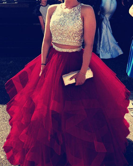 burgundy prom dresses, two piece ball gowns, two piece prom dress, 2 piece prom dress CD18352
