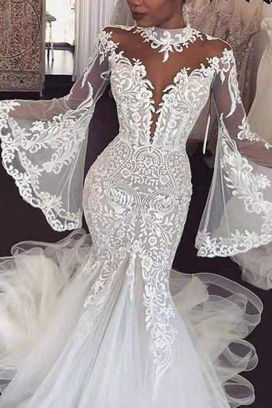 Dazzling High Collar Neckline Mermaid Wedding Dress With Lace Appliques & Bell Sleeves Prom Party Dress CD18443