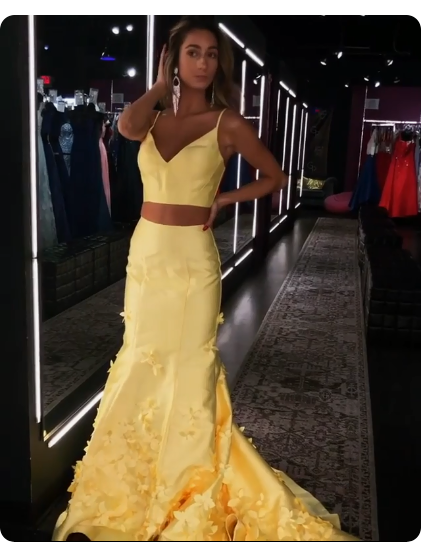 Long Two Piece Prom Dresses Yellow Mermaid Sweetheart Satin Prom Dresses with Ruffle CD20466