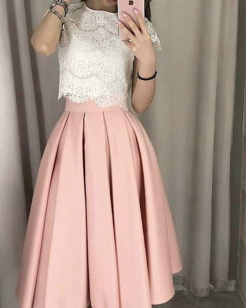 Cute Party Dress Two Piece Prom Dress Lace Cap Sleeves Prom Dress Lace Evening Dress CD21224