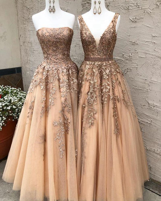 Long Champagne Prom Dress Sexy V Neck Strapless A Line Appliques Formal Party Dresses CD21353