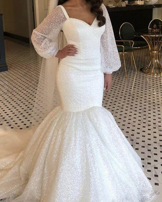 sparkly sequin mermaid wedding dress puffy sleeves prom dress CD22066