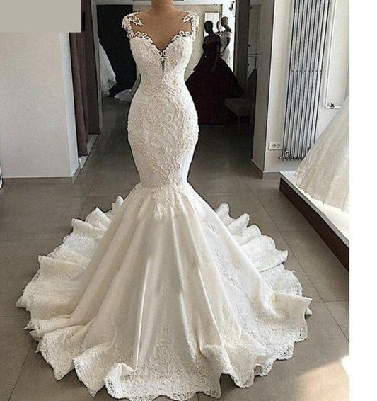 Satin Mermaid Wedding Dress with Sheer Back, Beading and Lace prom dress CD22068