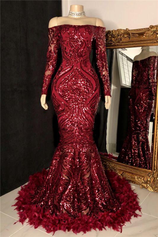 Black Girl Prom Dress Off The Shoulder Burgundy Prom Dresses with Feather Long Sleeve Sparkle Lace Mermaid Evening Gowns CD24347