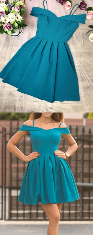 Turquoise Satin Off Shoulder Spaghetti Strap Homecoming Dresses CD2510