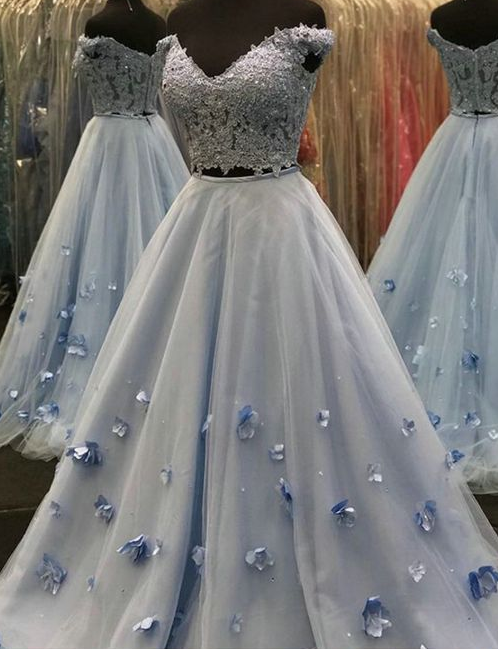 Tulle Two Piece Prom Dresses, Light Sky Blue Prom Dresses CD3967