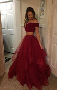 2024 Two Piece Prom Dresses Long, Burgundy Prom Dresses With Cap Sleeves CD457
