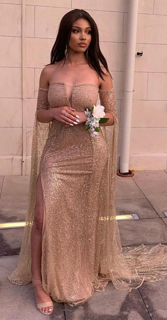 Off The Shoulder Long Sleeves Champagne Prom dress CD5285